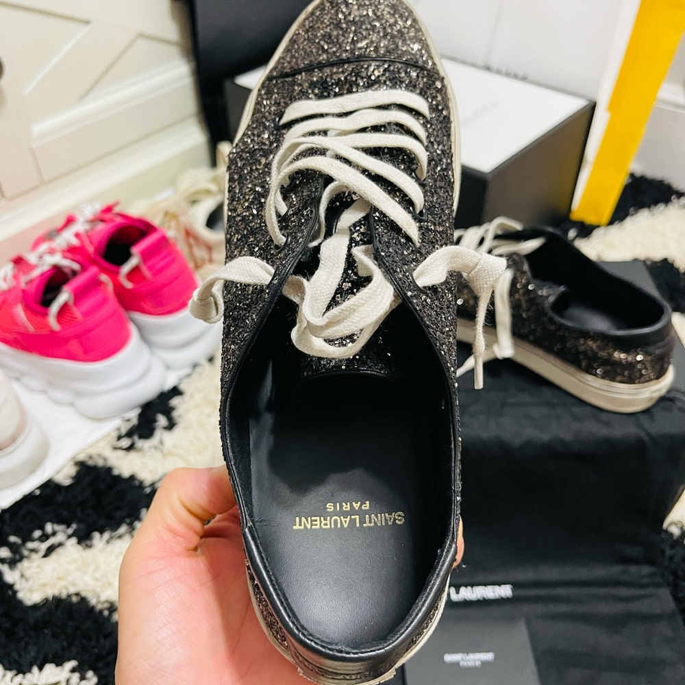Limited Men’s Size 8 Saint Laurent Glittery Black Dirty Sneakers In Black/White - Picture 5 of 13